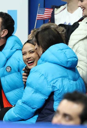 February 7, 2026, Milan, Lombardy, Italy: MADISON CHOCK and EVAN BATES of Team USA react to their amazing performance in the Ice Dance Free Dance in the Figure skating, Eiskunstlauf Team Event at the Milano Cortina 2026 Winter Olympic Games, Olympische Spiele, Olympia, OS Milan Italy - ZUMAc179 20260207_oly_c179_049 Copyright: xMickaelxChavetx