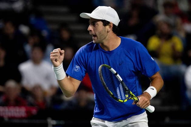 February 7, 2026, Vancouver, Bc, CANADA: Brazil s Matheus Pucinelli de Almeida celebrates winning a point against Canada s Gabriel Diallo during the first set of a Davis Cup Qualifiers tennis singles match in Vancouver, on Saturday, Feb. 7, 2026. Canada News - February 7, 2026  - ZUMAc35_ 20260207_zaf_c35_238 Copyright: xEthanxCairnsx