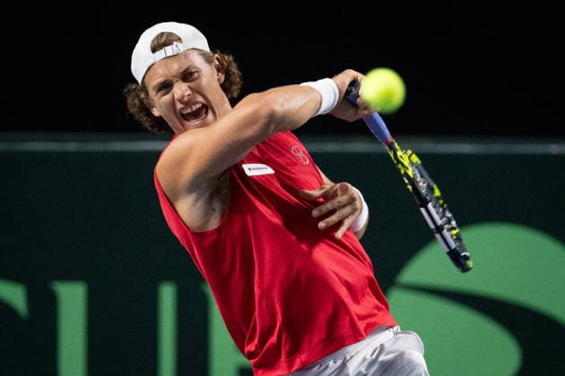 February 7, 2026, Vancouver, Bc, CANADA: Canada s Liam Draxl returns to Brazil s Gustavo Heide during the first set of a Davis Cup Qualifiers tennis singles match in Vancouver, on Saturday, Feb. 7, 2026. Canada News - February 7, 2026  - ZUMAc35_ 20260207_zaf_c35_268 Copyright: xEthanxCairnsx