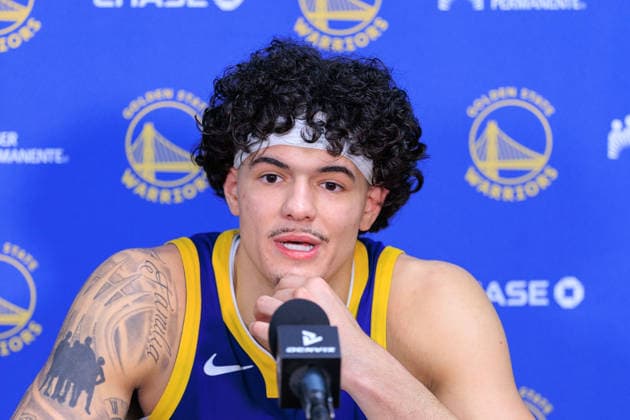 February 7, 2026, Los Angeles, California, USA: Gui Santos 15 of the Golden State Warriors during a press conference, PK, Pressekonferenz after losing a regular season NBA, Basketball Herren, USA game against the Los Angeles Lakers on Saturday February 7, 2026 at Crypto.com Arena in Los Angeles, California. Lakers defet Warriors, 105-99. JAVIER ROJAS PI Los Angeles USA - ZUMAp124 20260207_zaa_p124_014 Copyright: xJavierxRojasx