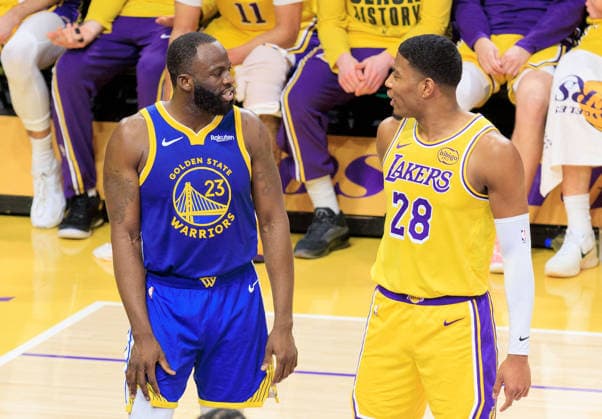 February 7, 2026, Los Angeles, California, USA: Rui Hachimura 28 of the Los Angeles Lakers and Draymond Green 23 and of the Golden State Warriors talk after a foul during a regular season NBA, Basketball Herren, USA game on Saturday February 7, 2026 at Crypto.com Arena in Los Angeles, California. Lakers defeat Warriors, 105-99. JAVIER ROJAS PI Lakers Vs. Warriors  - ZUMAp124 20260207_zaa_p124_036 Copyright: xJavierxRojasx
