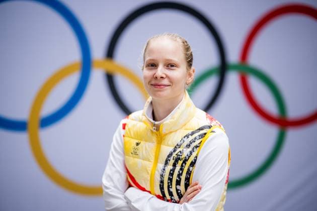 Belgian shorttrack skater Tineke den Dulk pictured during a press conference, PK, Pressekonferenz at the Milano Cortina 2026 Olympic Winter games, Winterspiele,Spiele, Summer games on Sunday 08 February 2026 in Milan, Italy. The XXV Winter Olympics take place from 6 to 22 February 2026 in Italy. JASPERxJACOBS  x161927572x
