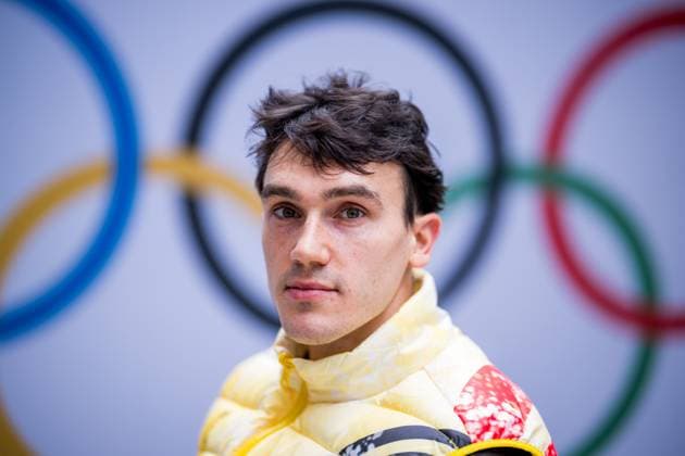 Belgian shorttrack skater Stijn Desmet pictured during a press conference, PK, Pressekonferenz at the Milano Cortina 2026 Olympic Winter games, Winterspiele,Spiele, Summer games on Sunday 08 February 2026 in Milan, Italy. The XXV Winter Olympics take place from 6 to 22 February 2026 in Italy. JASPERxJACOBS  x161928615x