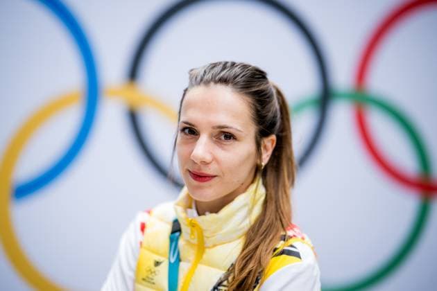 Belgian shorttrack skater Hanne Desmet pictured during a press conference, PK, Pressekonferenz at the Milano Cortina 2026 Olympic Winter games, Winterspiele,Spiele, Summer games on Sunday 08 February 2026 in Milan, Italy. The XXV Winter Olympics take place from 6 to 22 February 2026 in Italy. JASPERxJACOBS  x161928778x