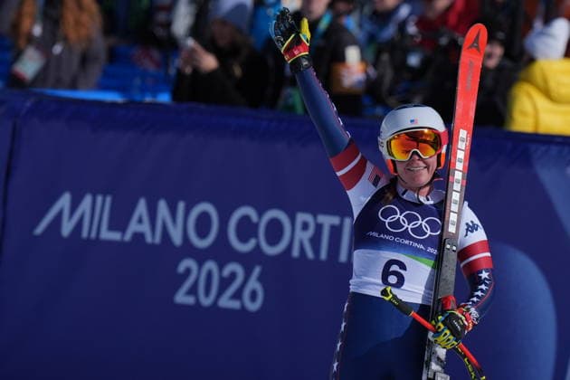 Breezy Johnson at the finish line of a women s downhill alpine skiing race at the 2026 Winter Olympics in Cortina, Italy, on Saturday, February 8, 2026.  Copyright: xDavidexSpada LaPressex