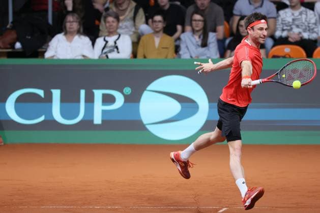 Belgian Sander Gille pictured in action duringa a doubles tennis match between Bulgarian Donski Nesterov and Belgian Gille Vliegen, match 3 of the qualifier of the Davis Cup on Sunday 08 February 2026, in Plovdiv, Bulgaria. Belgium will compete this weekend in the Davis Cup qualifiers against Bulgaria. BENOITxDOPPAGNE  x161935875x