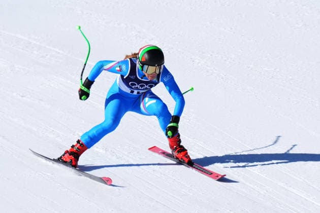 Sofia Goggia at the finish line of a women s downhill alpine skiing race at the 2026 Winter Olympics in Cortina, Italy, on Saturday, February 8, 2026.  Copyright: xDavidexSpada LaPressex