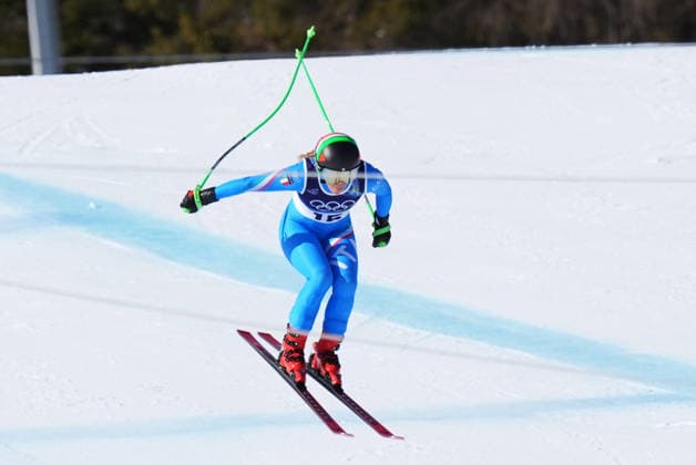 Sofia Goggia at the finish line of a women s downhill alpine skiing race at the 2026 Winter Olympics in Cortina, Italy, on Saturday, February 8, 2026.  Copyright: xDavidexSpada LaPressex