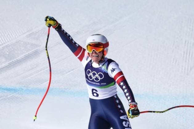 Breezy JOHNSON (USA). Ski Alpin, Abfahrt der Frauen. Olympische Winterspiele 2026. 8.2.2026, in Tofane Alpin Ski Center, Cortina, Italien. Quelle Copyright Credit : Oryk HAIST *** Breezy JOHNSON USA Alpine Skiing, Womens Downhill 2026 Winter Olympics 8 2 2026, at Tofane Alpine Ski Center, Cortina, Italy Source Copyright Credit Oryk HAIST xOLY-LL-ALP02x