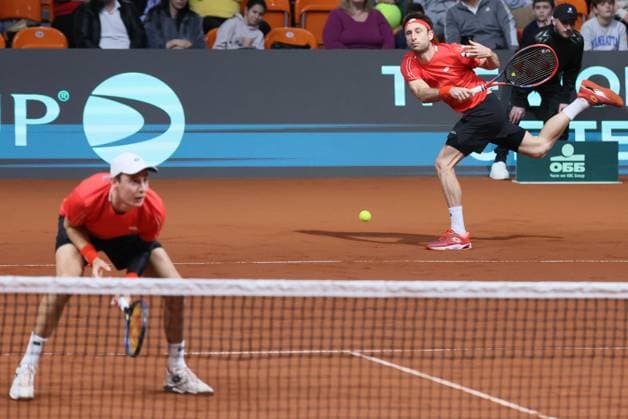 Belgian Joran Vliegen and Belgian Sander Gille pictured in action during a doubles tennis match against Bulgarian pair Donski Nesterov, match 3 of the qualifier of the Davis Cup on Sunday 08 February 2026, in Plovdiv, Bulgaria. Belgium will compete this weekend in the Davis Cup qualifiers against Bulgaria. BENOITxDOPPAGNE  x161939002x