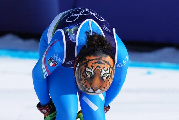 Federica Brignone at the finish line of a women s downhill alpine skiing race at the 2026 Winter Olympics in Cortina, Italy, on Saturday, February 8, 2026.  Copyright: xDavidexSpada LaPressex