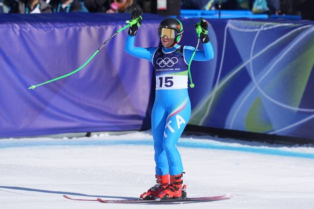 Sofia Goggia at the finish line of a women s downhill alpine skiing race at the 2026 Winter Olympics in Cortina, Italy, on Saturday, February 8, 2026.  Copyright: xDavidexSpada LaPressex