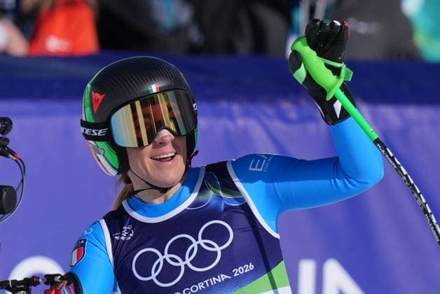 Sofia Goggia at the finish line of a women s downhill alpine skiing race at the 2026 Winter Olympics in Cortina, Italy, on Saturday, February 8, 2026.  Copyright: xDavidexSpada LaPressex