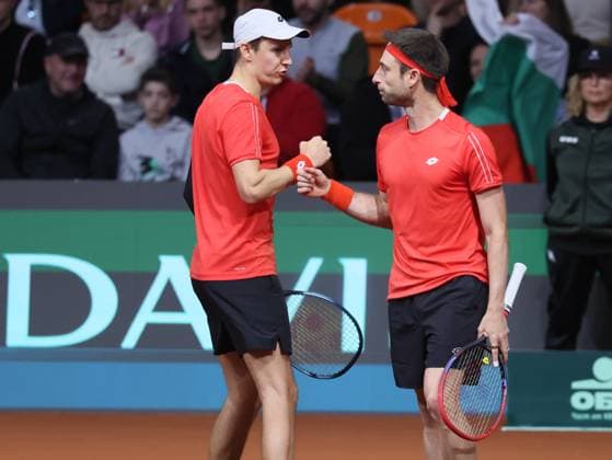 Belgian Joran Vliegen and Belgian Sander Gille celebrate action during a doubles tennis match against Bulgarian pair Donski Nesterov, match 3 of the qualifier of the Davis Cup on Sunday 08 February 2026, in Plovdiv, Bulgaria. Belgium will compete this weekend in the Davis Cup qualifiers against Bulgaria. BENOITxDOPPAGNE  x161939999x