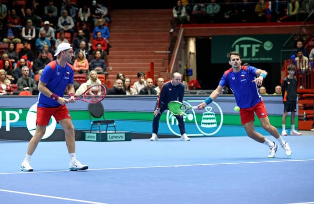 Davis Cup doubles qualifying tennis match on February 8, 2026, in Jihlava. Patrik Rikl of the Czech Republic (left) and Petr Nouza of the Czech Republic (right). (CTKxPhoto LiborxPlihal) CTKPhotoP2026020803004  CTKPhotoP2026020803004