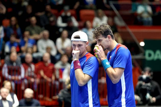 Davis Cup doubles qualifying tennis match on February 8, 2026, in Jihlava. Patrik Rikl of the Czech Republic (left) and Petr Nouza of the Czech Republic (right). (CTKxPhoto LiborxPlihal) CTKPhotoP2026020803005  CTKPhotoP2026020803005