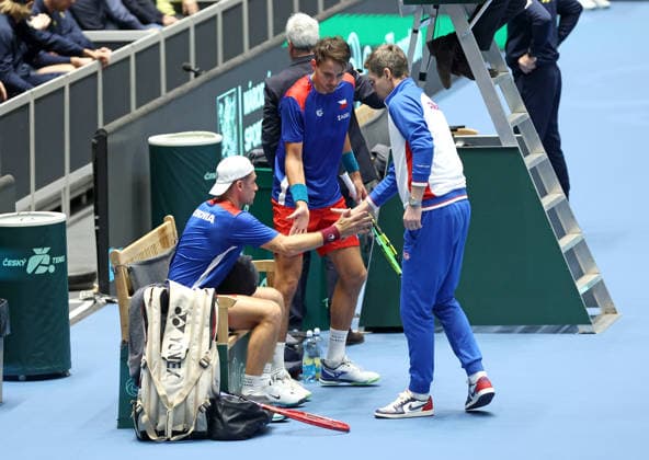 Davis Cup doubles qualifying tennis match on February 8, 2026, in Jihlava. Patrik Rikl of the Czech Republic (from left) and Petr Nouza of the Czech Republic and captain Tomas Berdych. (CTKxPhoto LiborxPlihal) CTKPhotoP2026020803092  CTKPhotoP2026020803092