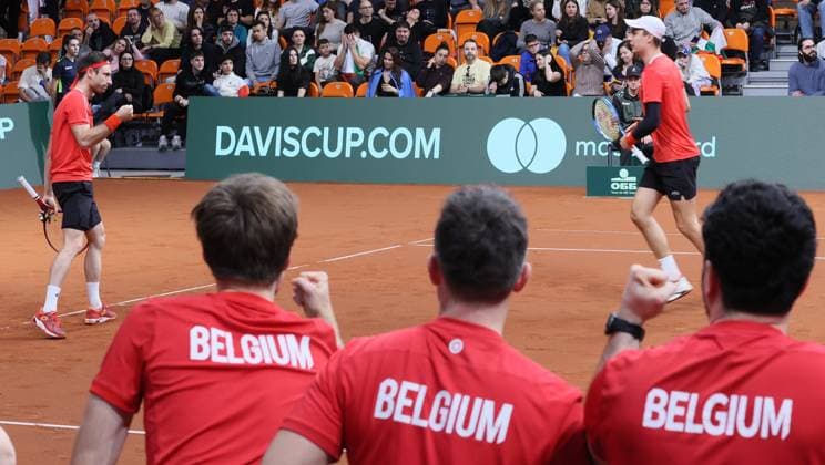 Belgian Joran Vliegen and Belgian Sander Gille pictured in action during a doubles tennis match against Bulgarian pair Donski Nesterov, match 3 of the qualifier of the Davis Cup on Sunday 08 February 2026, in Plovdiv, Bulgaria. Belgium will compete this weekend in the Davis Cup qualifiers against Bulgaria. BENOITxDOPPAGNE  x161943482x