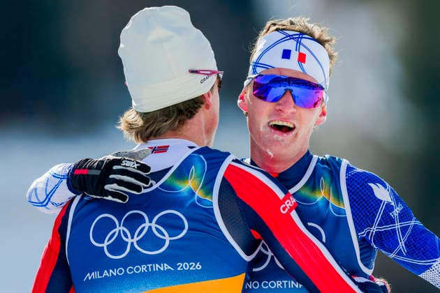Winter Olympics in Milan Cortina 2026 Val di Fiemme, Italy 20260208. Johannes Hosflot Klaebo from Norway and Mathis Desloges from France after the men s cross-country 20 km Skiathlon at Lago di Tesero during the Winter Olympics in Milano Cortina 2026. Photo: Lise Aserud NTB Val di Fiemme Italy EDITORIAL USE ONLY. RESTRICTED USE FOR BETTING COMPANIES Ref:_SPODDL42cn0VnE.jpg *** Winter Olympics in Milan Cortina 2026 Val di Fiemme, Italy 20260208 Johannes Hosflot Klaebo from Norway and Mathis Desloges from France after the men s cross country 20 km Skiathlon at Lago di Tesero during the Winter Olympics in Milano Cortina 2026 Photo Lise Aserud NTB Val di Fiemme Italy EDITORIAL USE ONLY RESTRICTED USE FOR BETTING COMPANIES  Copyright: xLisexAserudx xNTBx