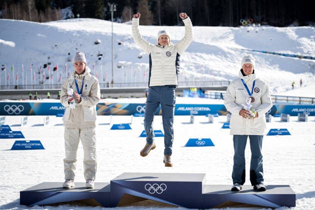 260208 Mathis Desloges of France, Johannes Hosflot Klaebo of Norway and Martin Lowstrom Nyenget of Norway celebrate on the podium after the men s 20 km cross-country skiing skiathlon during day 2 of the 2026 Winter Olympics on February 8, 2026 in Val di Fiemme. Photo: Maxim Thore BILDBYRAN kod MT MT0964 skidor cross-country skiing langrenn Olympic Games, Olympische Spiele, Olympia, OS olympics winter olympics os ol olympiska spel vinter-os olympiske leker milano cortina 2026 milan cortina 2026 milano cortina 2026 olympic games milano cortina 2026 winter olympic games milano cortina-os milano cortina-ol vinter-ol 2 bbeng herr skiathlon frankrike norge jubel *** 260208 Mathis Desloges of France, Johannes Hosflot Klaebo of Norway and Martin Lowstrom Nyenget of Norway celebrate on the podium after the men s 20 km cross country skiing skiathlon during day 2 of the 2026 Winter Olympics on February 8, 2026 in Val di Fiemme Photo Maxim Thore BILDBYRAN kod MT MT0964 skidor cross country skiing langrenn olympic games olympics winter olympics os ol olympiska spel vinter os olympiske leker milano cortina 2026 milan cortina 2026 milano cortina 2026 olympic games milano cortina 2026 winter olympic games milano cortina os milano cortina ol vinter ol 2 bbeng herr skiathlon frankrike norge jubel  Copyright: MAXIMxTHORE BB260208MT056