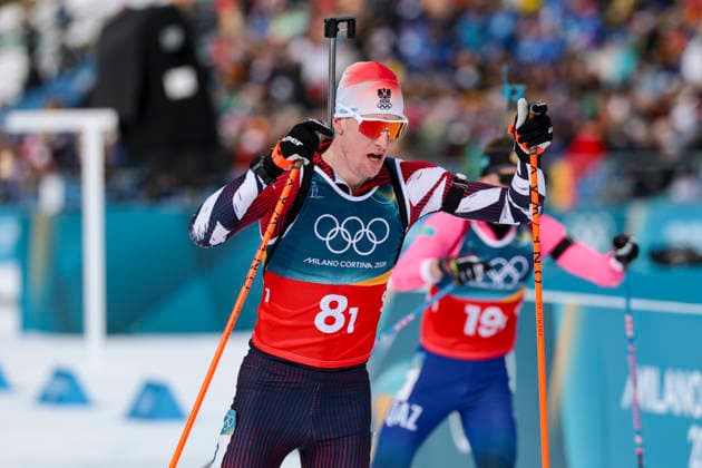 OLYMPICS - Winter Olympic Games, Olympische Spiele, Olympia, OS Milano Cortina 2026 ANTHOLZ,ITALY,08.FEB.26 - OLYMPICS, BIATHLON - Winter Olympic Games Milano Cortina 2026, mixed relay, 4x6km. Image shows Dominic Unterweger (AUT)  GEPAxpictures xMatthiasxTrinkl