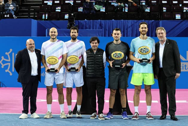 TENNIS : Finale Open Occitanie ATP, Tennis Herren 250 - 08 02 2026 Constantin FRANTZEN (GER) Robin HAASE (NED), Sebastien GROSJEAN, Theo ARRIBAGE (FRA) Albano OLIVETTI (FRA) vs. lors de la finale doubles du tournoi Open Occitanie ATP 250 a la Sud de France Arena de Montpellier, le 8 fevrier 2026. MontpellierFrance  Copyright: xValentinaxClaretx