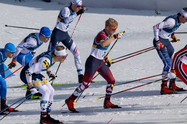 OLYMPICS - Winter Olympic Games, Olympische Spiele, Olympia, OS Milano Cortina 2026 VAL DI FIEMME,ITALY,08.FEB.26 - OLYMPICS, CROSS COUNTRY SKIING - Winter Olympic Games Milano Cortina 2026, 10km, 10km Skiathlon, men. Image shows Edvin Anger (SWE), Mathis Desloges (FRA), Mika Vermeulen (AUT) and Hugo Lapalus (FRA).  GEPAxpictures xOliverxLerch