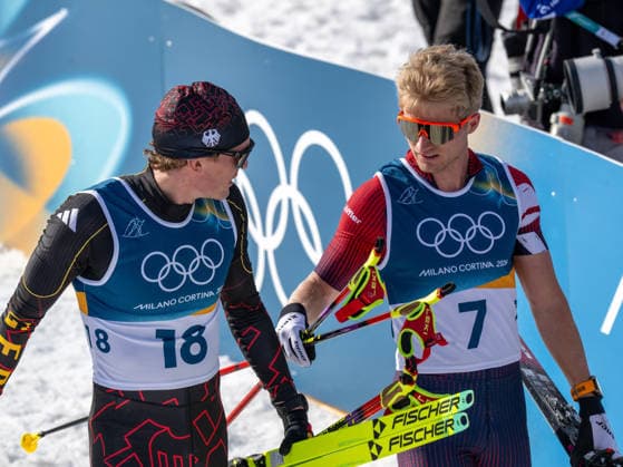 OLYMPICS - Winter Olympic Games, Olympische Spiele, Olympia, OS Milano Cortina 2026 VAL DI FIEMME,ITALY,08.FEB.26 - OLYMPICS, CROSS COUNTRY SKIING - Winter Olympic Games Milano Cortina 2026, 10km, 10km Skiathlon, men. Image shows Friedrich Moch (GER) and Mika Vermeulen (AUT)..  GEPAxpictures xOliverxLerch