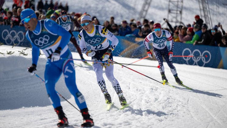 OLYMPICS - Winter Olympic Games, Olympische Spiele, Olympia, OS Milano Cortina 2026 VAL DI FIEMME,ITALY,08.FEB.26 - OLYMPICS, CROSS COUNTRY SKIING - Winter Olympic Games Milano Cortina 2026, 10km, 10km Skiathlon, men. Image shows Federico Pellegrino (ITA), Gustaf Berglund (SWE) and Hunter Wonders (USA).  GEPAxpictures xOliverxLerch