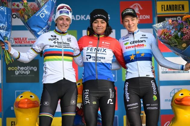 Dutch Lucinda Brand, Dutch Ceylin Del Carmen Alvarado and Dutch Inge van der Heijden pictured on the podium after the women s Elite race of the Krawatencross cyclocross in Lille, the seventh stage (out of 8) in the X2O Badkamers Trofee competition, on Sunday 08 February 2026. DAVIDxPINTENS  x161953075x