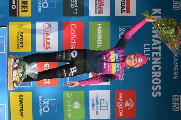 Belgian Laura Verdonschot pictured after the women s Elite race of the Krawatencross cyclocross in Lille, the seventh stage (out of 8) in the X2O Badkamers Trofee competition, on Sunday 08 February 2026. DAVIDxPINTENS  x161953841x
