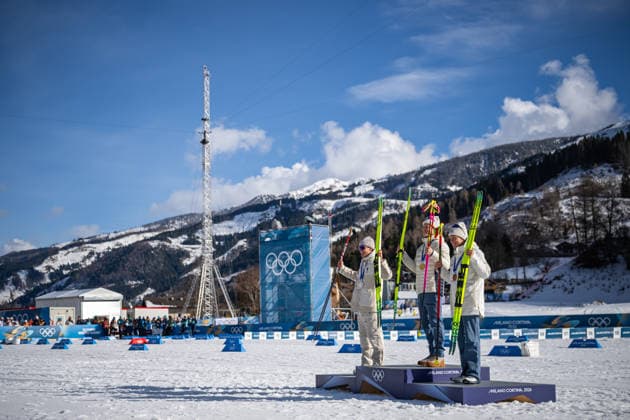 260208 Mathis Desloges of France, Johannes Hosflot Klaebo of Norway and Martin Lowstrom Nyenget of Norway celebrate on the podium after the men s 20 km cross-country skiing skiathlon during day 2 of the 2026 Winter Olympics on February 8, 2026 in Val di Fiemme. Photo: Maxim ThorÃ BILDBYRAN kod MT MT0964 skidor cross-country skiing langrenn Olympic Games, Olympische Spiele, Olympia, OS olympics winter olympics os ol olympiska spel vinter-os olympiske leker milano cortina 2026 milan cortina 2026 milano cortina 2026 olympic games milano cortina 2026 winter olympic games milano cortina-os milano cortina-ol vinter-ol 2 bbeng herr skiathlon norge jubel *** 260208 Mathis Desloges of France, Johannes Hosflot Klaebo of Norway and Martin Lowstrom Nyenget of Norway celebrate on the podium after the men s 20 km cross country skiing skiathlon during day 2 of the 2026 Winter Olympics on February 8, 2026 in Val di Fiemme Photo Maxim ThorÃ BILDBYRAN kod MT MT0964 skidor cross country skiing langrenn olympic games olympics winter olympics os ol olympiska spel vinter os olympiske leker milano cortina 2026 milan cortina 2026 milano cortina 2026 olympic games milano cortina 2026 winter olympic games milano cortina os milano cortina ol vinter ol 2 bbeng herr skiathlon norge jubel  Copyright: MAXIMxTHORE BB260208MT082