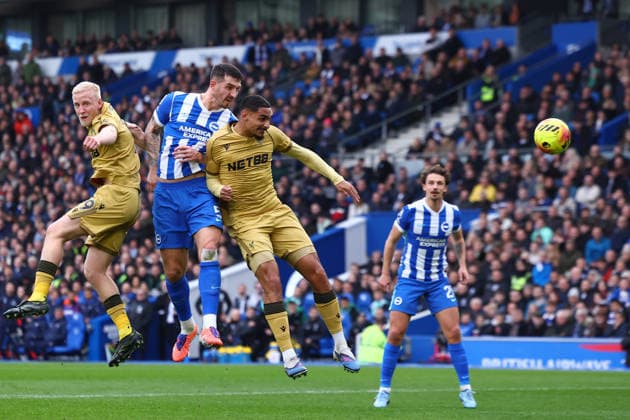 Brighton and Hove, England, 8th February 2026. Lewis Dunk of Brighton and Hove Albion heads the ball towards goal but fails Ito score during the Brighton and Hove Albion vs Crystal Palace Premier League match at the AMEX Stadium, Brighton and Hove. Picture credit should read: Paul Terry Sportimage EDITORIAL USE ONLY. No use with unauthorised audio, video, data, fixture lists, club league logos or live services. Online in-match use limited to 120 images, no video emulation. No use in betting, games or single club league player publications. SPI_015_PT_Brighton_Crystal_Palace SPI-4514-0015