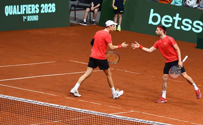 Davis Cup Bulgaria vs Belgium in Plovdiv Sander Gille and Joran Vliegen of Belgium in react during the doubles for the first round qualifiers of Davis Cup between Bulgaria and Belgium in Plovdiv, Bulgaria. on February 08.2026. Plovdiv Bulgaria  Copyright: xMatrixxImagesx xVassilxDonevx