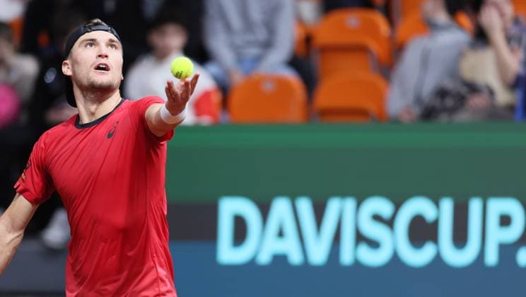 Belgian Raphael Collignon pictured during during a singles tennis match against Bulgarian Ivanov, match 4 of the qualifier of the Davis Cup on Sunday 08 February 2026, in Plovdiv, Bulgaria. Belgium will compete this weekend in the Davis Cup qualifiers against Bulgaria. Belgian is leading 4-0. BENOITxDOPPAGNE  x161959914x