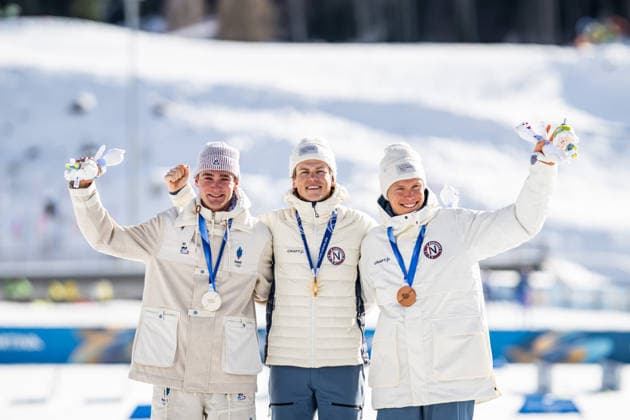 260208 Mathis Desloges of France, Johannes Hosflot Klaebo of Norway and Martin Lowstrom Nyenget of Norway celebrate on the podium after the men s 20 km cross-country skiing skiathlon during day 2 of the 2026 Winter Olympics on February 8, 2026 in Val di Fiemme. Photo: Maxim ThorÃ BILDBYRAN kod MT MT0964 skidor cross-country skiing langrenn Olympic Games, Olympische Spiele, Olympia, OS olympics winter olympics os ol olympiska spel vinter-os olympiske leker milano cortina 2026 milan cortina 2026 milano cortina 2026 olympic games milano cortina 2026 winter olympic games milano cortina-os milano cortina-ol vinter-ol 2 bbeng herr skiathlon norge jubel *** 260208 Mathis Desloges of France, Johannes Hosflot Klaebo of Norway and Martin Lowstrom Nyenget of Norway celebrate on the podium after the men s 20 km cross country skiing skiathlon during day 2 of the 2026 Winter Olympics on February 8, 2026 in Val di Fiemme Photo Maxim ThorÃ BILDBYRAN kod MT MT0964 skidor cross country skiing langrenn olympic games olympics winter olympics os ol olympiska spel vinter os olympiske leker milano cortina 2026 milan cortina 2026 milano cortina 2026 olympic games milano cortina 2026 winter olympic games milano cortina os milano cortina ol vinter ol 2 bbeng herr skiathlon norge jubel  Copyright: MAXIMxTHORE BB260208MT091