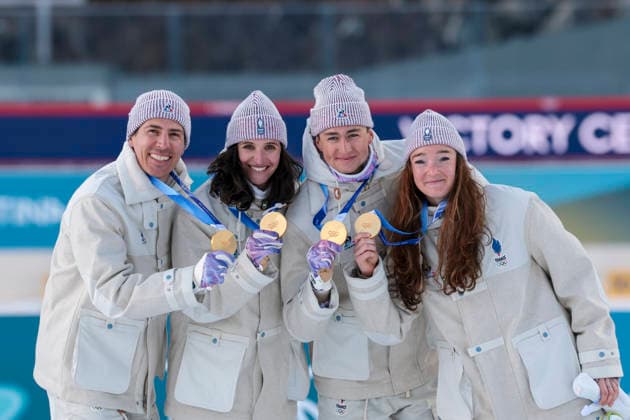 OLYMPICS - Winter Olympic Games, Olympische Spiele, Olympia, OS Milano Cortina 2026 ANTHOLZ,ITALY,08.FEB.26 - OLYMPICS, BIATHLON - Winter Olympic Games Milano Cortina 2026, mixed relay, 4x6km. Image shows the rejoicing of Team FRA with Julia Simon, Lou Jeanmonnot, Quentin Fillon Maillet and Eric Perrot (FRA). keywords: medal, award ceremony.  GEPAxpictures xMatthiasxTrinkl
