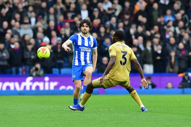 Brighton and Hove Albion v Crystal Palace, Premier League Ferdi KadÄ±oÄülu Defender of Brighton and Hove Albion plays the ball past Tyrick Mitchell Defender of Crystal Palace during the Premier League match between Brighton and Hove Albion and Crystal Palace at the American Express Stadium, Brighton and Hove, UK on 8 February 2026. Brighton and Hove American Express Stadium East Sussex UK Editorial use only DataCo restrictions apply See www.football-dataco.com , Copyright: xJeffxMoodx PSI-23701-0026