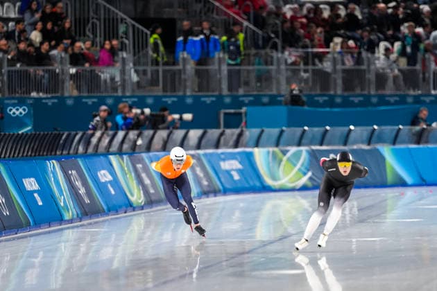 2026-02-08 - Milano Cortina 2026 Winter Olympics 5000m Men MILAN, ITALY - FEBRUARY 8: Marcel Bosker of Netherlands, Gabriel Gross of Germany during the 5000m Men on day 3 of the Milano Cortina 2026 Winter Olympics at the Milano Speed skating, Eisschnelllauf Arena on February 8, 2026 in Milan, Italy Milan Milano Speed Skating Arena Italy Content not available for redistribution in The Netherlands directly or indirectly through any third parties. Copyright: xAndrexWeeningx