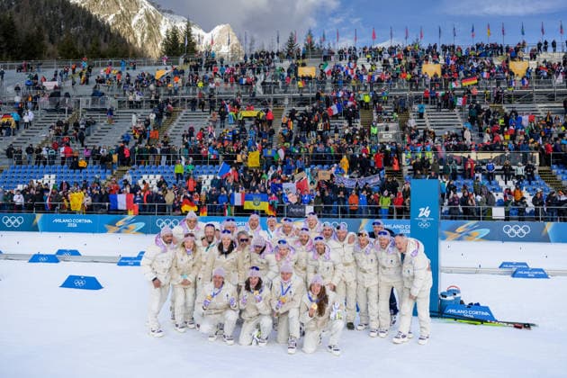 260208 Team France celebrate after the biathlon mixed relay during day 2 of the 2026 Winter Olympics on February 8, 2026 in Anterselva. Photo: Mathias Bergeld BILDBYRAN kod MB MB1316 skidskytte biathlon skiskyting Olympic Games, Olympische Spiele, Olympia, OS olympics winter olympics os ol olympiska spel vinter-os olympiske leker milano cortina 2026 milan cortina 2026 milano cortina 2026 olympic games milano cortina 2026 winter olympic games milano cortina-os milano cortina-ol vinter-ol 2 bbeng mixed relay stafett mixedstafett frankrike jubel *** 260208 Team France celebrate after the biathlon mixed relay during day 2 of the 2026 Winter Olympics on February 8, 2026 in Anterselva Photo Mathias Bergeld BILDBYRAN code MB MB1316 biathlon biathlon biathlon olympic games olympics olympics winter olympics os ol olympic games winter os olympic games milano cortina 2026 milan cortina 2026 milano cortina 2026 olympic games milano cortina 2026 winter olympic games milano cortina os milano cortina ol winter ol 2 bbeng mixed relay relay mixed relay france cheering  Copyright: MATHIASxBERGELD BB260208MB065