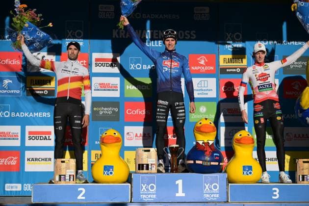 L-R, second Spanish Felipe Orts Lloret, winner Belgian Niels Vandeputte and third Belgian Michael Vanthourenhout celebrate on the podium of the men s elite race of the Krawatencross cyclocross in Lille, the seventh stage (out of 8) in the X2O Badkamers Trofee competition, on Sunday 08 February 2026. DAVIDxPINTENS  x161965033x