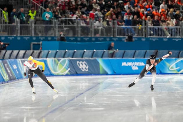 2026-02-08 - Milano Cortina 2026 Winter Olympics 5000m Men MILAN, ITALY - FEBRUARY 8: Bart Swings of Belgium, Fridtjof Petzold of Germany during the 5000m Men on day 3 of the Milano Cortina 2026 Winter Olympics at the Milano Speed skating, Eisschnelllauf Arena on February 8, 2026 in Milan, Italy Milan Milano Speed Skating Arena Italy Content not available for redistribution in The Netherlands directly or indirectly through any third parties. Copyright: xAndrexWeeningx
