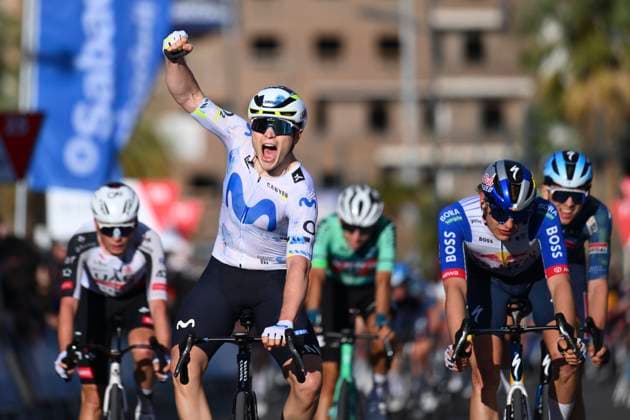Tour of Valencia 2026 Stage 5 VALENCIA, SPAIN - FEBRUARY 08 : Garcia Pierna Raul (ESP) of Movistar Team wins, second place for Herzog Emil (GER) of Red Bull BORA Hansgrohe, third place for Schoofs Jasper (BEL) of Soudal Quick-Step during stage 5 of the 77th edition of Volta a la Comunitat Valenciana an UCI ProSeries 2.Pro cycling road race stage for Men Elite of 93.8 km with start in Betera and finish in Valencia on February 8, 2026 in Valencia, Spain, 08 02 2026 Valencia Spain  Copyright: xVincentxKalutx