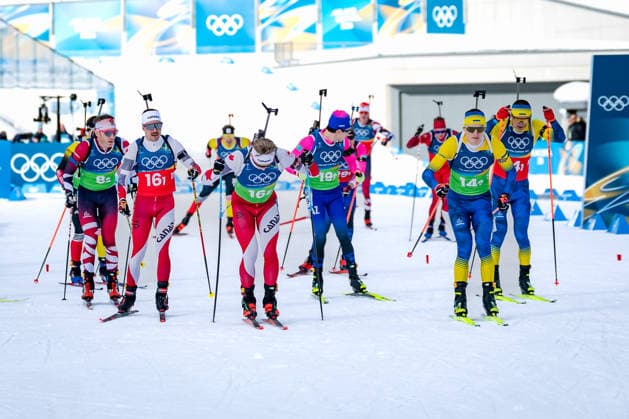 OLYMPICS - Winter Olympic Games, Olympische Spiele, Olympia, OS Milano Cortina 2026 ANTHOLZ,ITALY,08.FEB.26 - OLYMPICS, BIATHLON - Winter Olympic Games Milano Cortina 2026, mixed relay, 4x6km. Image shows Simon Eder (AUT), Adam Runnalls, Adam Runnalls (CAN), Asset Dyussenov (KAZ), Vitalii Mandzyn and Dmytro Pidruchnyi (UKR).  GEPAxpictures xMatthiasxTrinkl