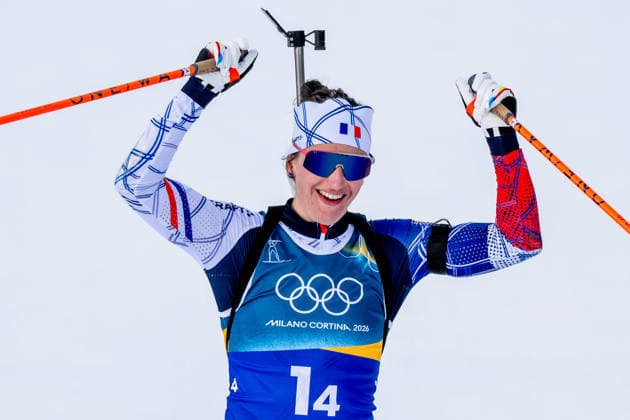 XXV Winter Olympic Games, Olympische Spiele, Olympia, OS February 8, 2026, Anterselva. Biathlon Mixed Relay 4 x 6km. Julia Simon from France celebrates in the finish line. (CTKxPhoto OndrejxDeml) CTKPhotoP2026020805384  CTKPhotoP2026020805384