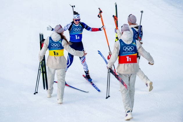 XXV Winter Olympic Games, Olympische Spiele, Olympia, OS February 8, 2026, Anterselva. Biathlon Mixed Relay 4 x 6km. Members of the winning relay French team (from left): Lou Jeanmonnot, Julia Simon, Eric Perrot, and Quentin Fillon Maillet. (CTKxPhoto OndrejxDeml) CTKPhotoP2026020805485  CTKPhotoP2026020805485
