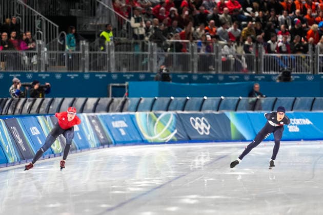 2026-02-08 - Milano Cortina 2026 Winter Olympics 5000m Men MILAN, ITALY - FEBRUARY 8: Sander Eitrem of Norway, Metodej Jilek of Czechia during the 5000m Men on day 3 of the Milano Cortina 2026 Winter Olympics at the Milano Speed skating, Eisschnelllauf Arena on February 8, 2026 in Milan, Italy Milan Milano Speed Skating Arena Italy Content not available for redistribution in The Netherlands directly or indirectly through any third parties. Copyright: xAndrexWeeningx