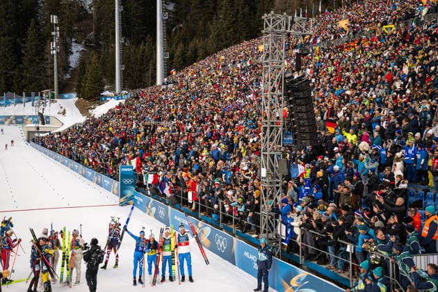 260208 Lisa Vittozzi, Dorothea Wierer, Lukas Hofer, and, Tommaso Giacomel of Italy celebrate after competing in biathlon mixed relay during day 2 of the 2026 Winter Olympics on February 8, 2026 in Anterselva. Photo: Mathias Bergeld BILDBYRAN kod MB MB1316 skidskytte biathlon skiskyting Olympic Games, Olympische Spiele, Olympia, OS olympics winter olympics os ol olympiska spel vinter-os olympiske leker milano cortina 2026 milan cortina 2026 milano cortina 2026 olympic games milano cortina 2026 winter olympic games milano cortina-os milano cortina-ol vinter-ol 2 bbeng mixed relay stafett mixedstafett jubel italien *** 260208 Lisa Vittozzi, Dorothea Wierer, Lukas Hofer, and, Tommaso Giacomel of Italy celebrate after competing in biathlon mixed relay during day 2 of the 2026 Winter Olympics on February 8, 2026 in Anterselva Photo Mathias Bergeld BILDBYRAN code MB MB1316 biathlon biathlon biathlon olympic games olympics olympics winter olympics os ol olympic games winter os olympic games milano cortina 2026 milan cortina 2026 milan cortina 2026 olympic games milano cortina 2026 winter olympic games milano cortina os milano cortina ol winter ol 2 bbeng mixed relay relay mixed relay cheering italy  Copyright: MATHIASxBERGELD BB260208MB093