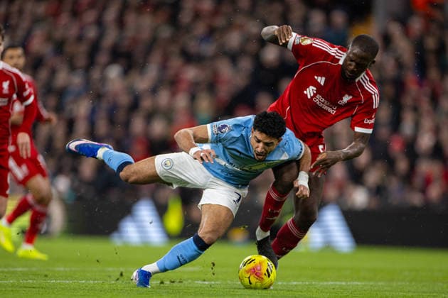 Football - FA Premier League - Liverpool FC v Manchester City FC LIVERPOOL, ENGLAND - Sunday, February 8, 2026: Liverpool s Ibrahima KonatÃ (R) challenges Manchester City s Omar Marmoush during the FA Premier League match between Liverpool FC and Manchester City FC at Anfield. (Photo by David Rawcliffe Propaganda) LIVERPOOL Anfield MERSEYSIDE ENGLAND  Copyright: xDavidxRawcliffex P2026-02-08-Liverpool_Man_City-49