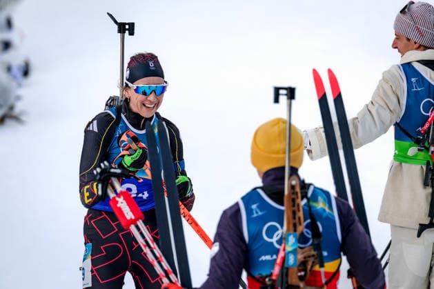 OLYMPICS - Winter Olympic Games, Olympische Spiele, Olympia, OS Milano Cortina 2026 ANTHOLZ,ITALY,08.FEB.26 - OLYMPICS, BIATHLON - Winter Olympic Games Milano Cortina 2026, mixed relay, 4x6km. Image shows Franziska Preuss and Justus Strelow (GER).  GEPAxpictures xMatthiasxTrinkl